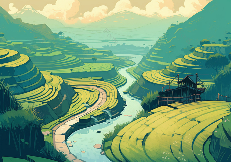 河道两边的绿色梯田芒种手绘场景,插画/手绘图,插画/手绘图库,插画/手绘图下载,插画/手绘